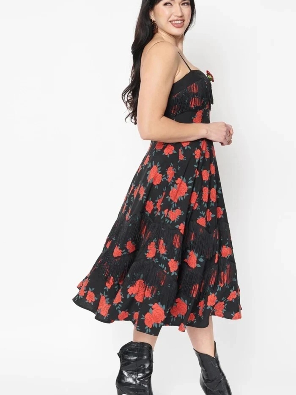 MISSING STRAPS- READ BELOW-Unique Vintage Black Floral Swing Midi Dress- Size 1x - Picture 2 of 10